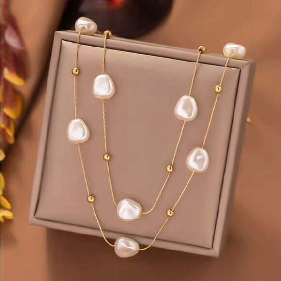 Gold Faux Pearl Multi Layered Necklace - Picture 2 of 5
